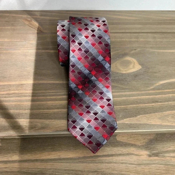 Van Heusen Check Silk Tie - Burgundy, Red, Gray, Silver - Picture 1 of 5